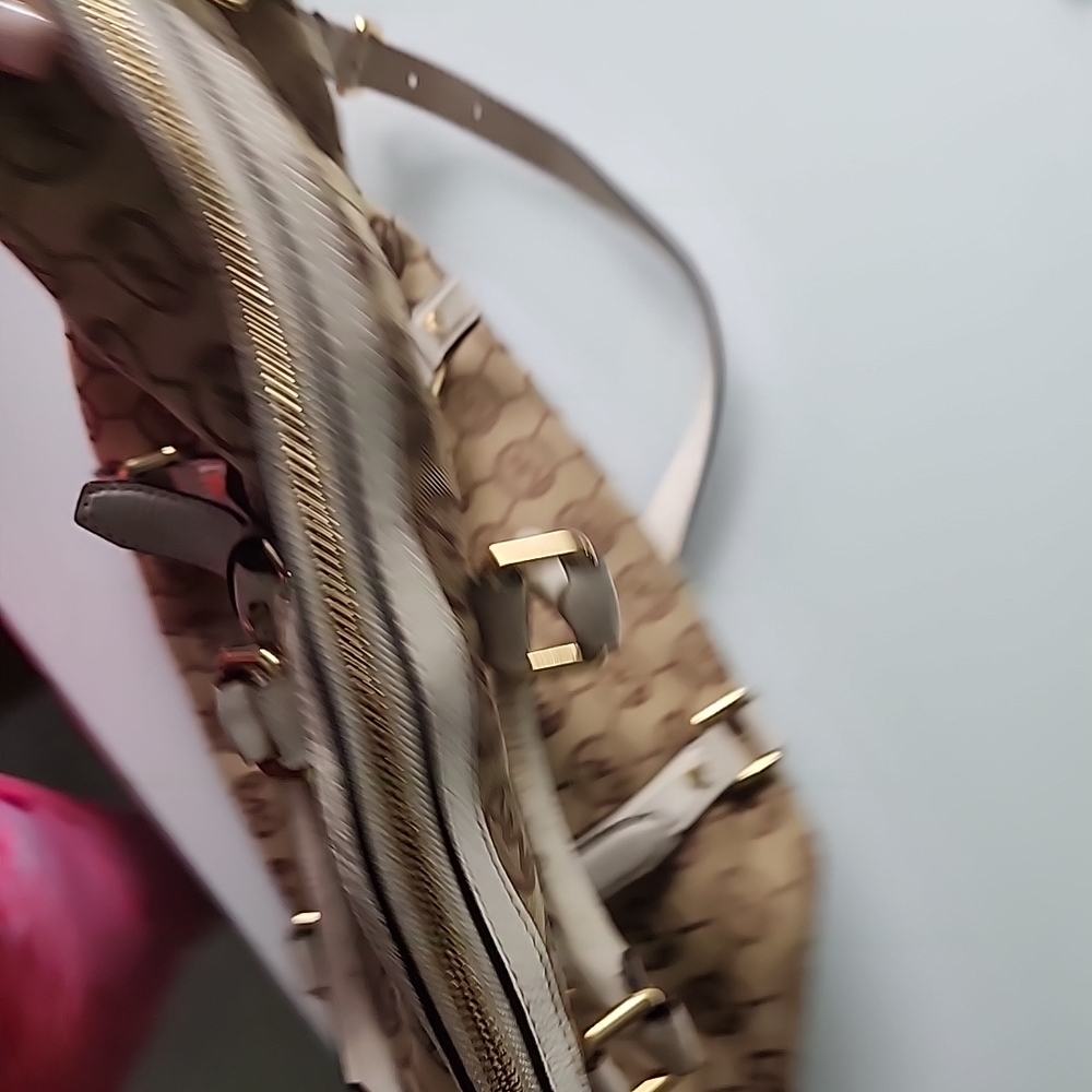 Michael Kors Beige Monogram Satchel with Pink Trim - Picture 10 of 15